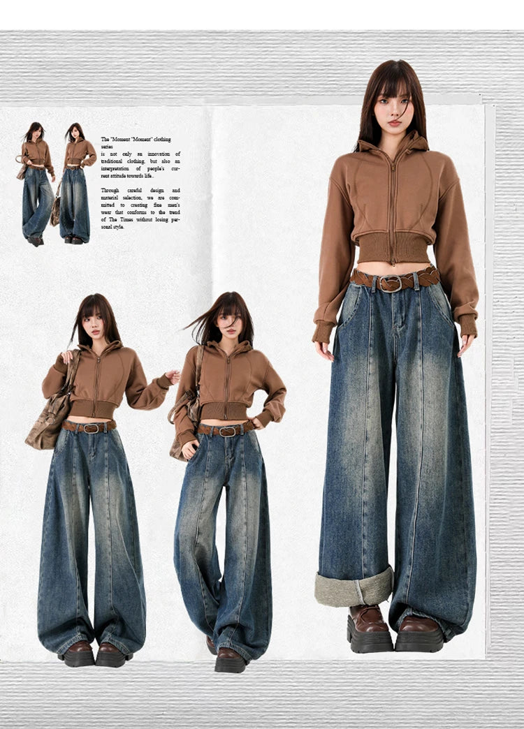 Pantalones Vaqueros Holgados Retro para Mujer, Corte Recto con Forro de Felpa