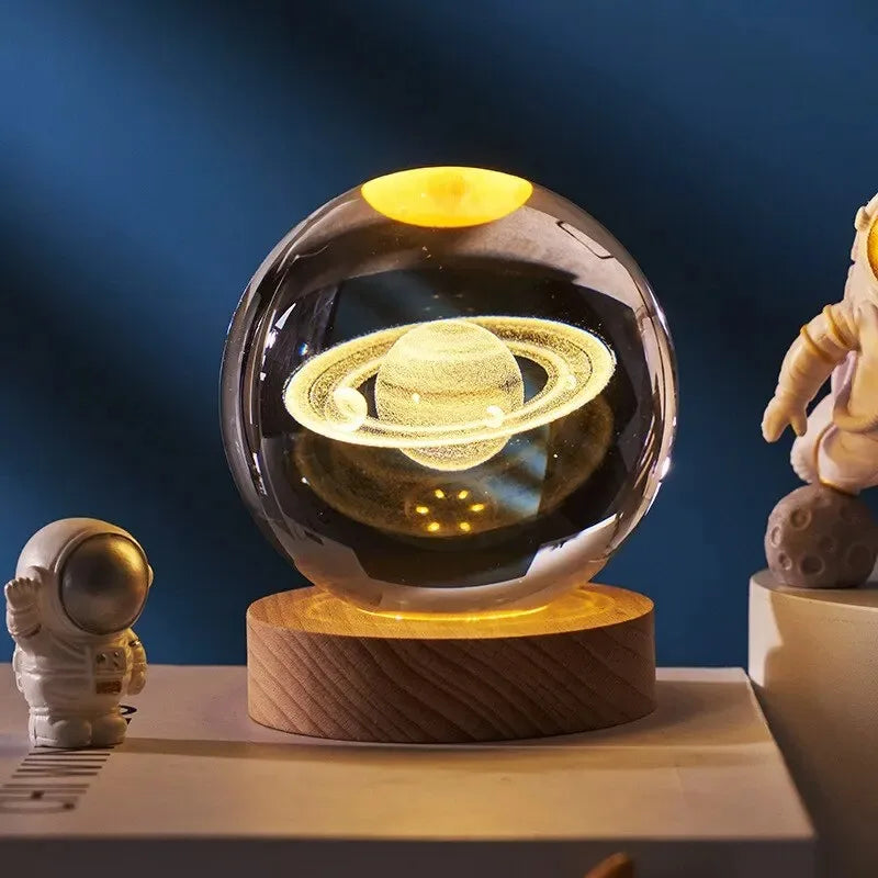 Bola de Cristal 3D con Luz Nocturna LED, Sistema Solar Grabado con Láser