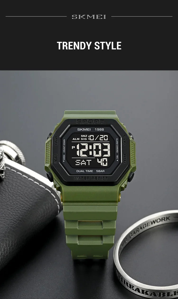 Reloj deportivo Digital SKMEI 1988 para Hombre, pantalla LED, relojes de pulsera militares con cuenta atrás, Reloj impermeable para Hombre 1628
