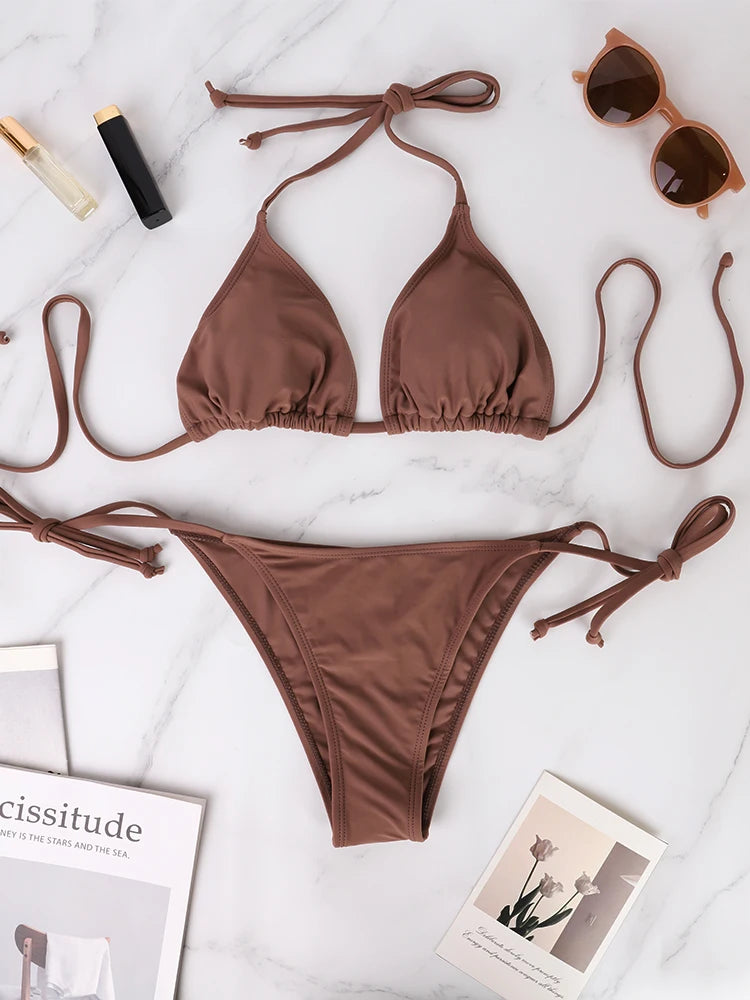 Nuevo Bikini con Tanga para mujer, conjunto de dos piezas, traje de baño Sexy Popular de estilo playero con cordones para mujer, microtanga, Bikini, traje de baño 2025