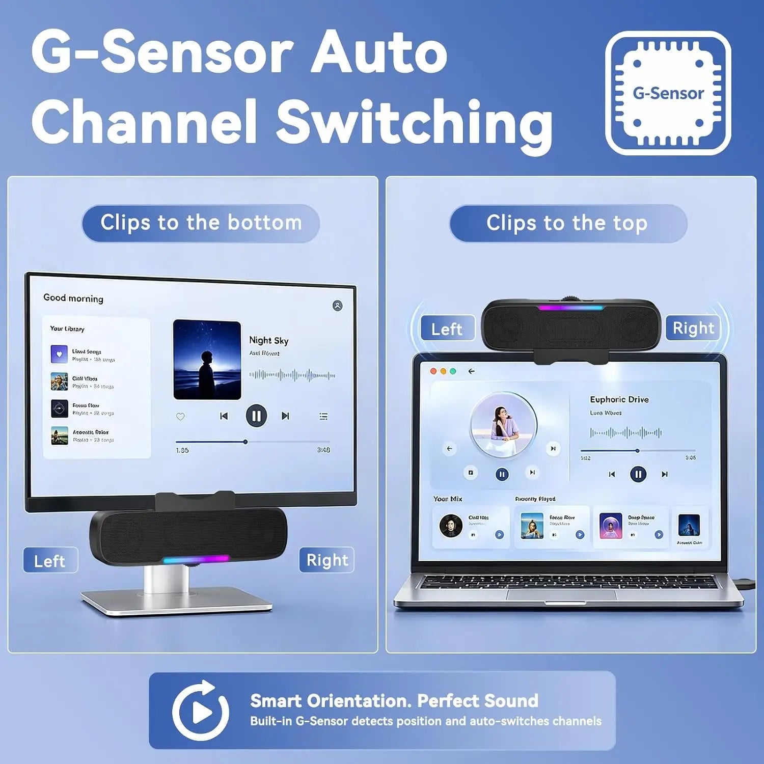 Barra de Sonido USB y Bluetooth para PC, Alimentada por USB con Altavoz y Bluetooth para Conexión a Teléfonos Inteligentes, Se Fija a Monitores