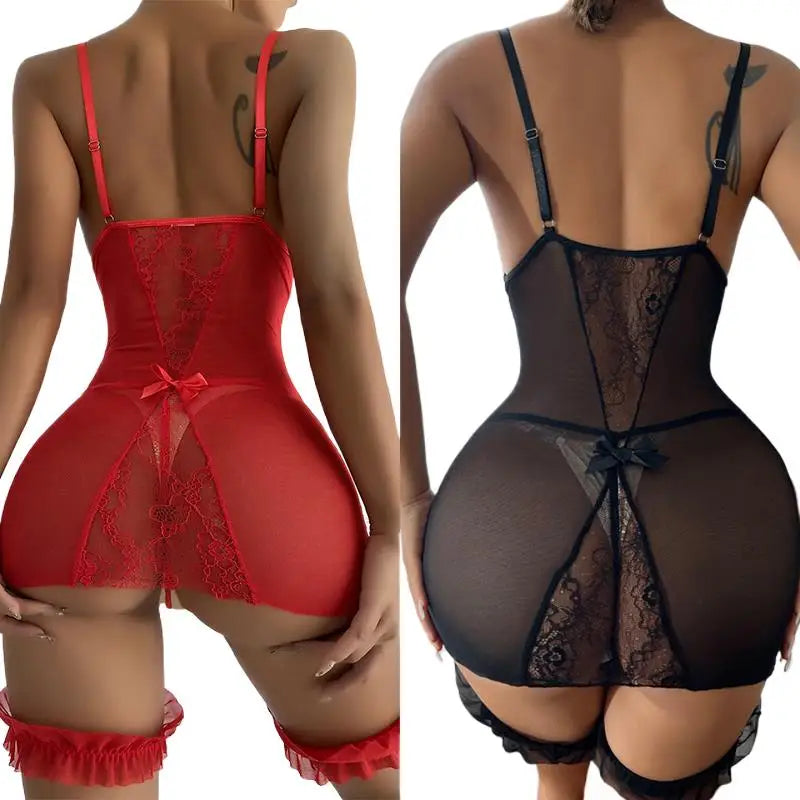 Vestido Transparente con Escote en V y Tanga, Lencería Sexy