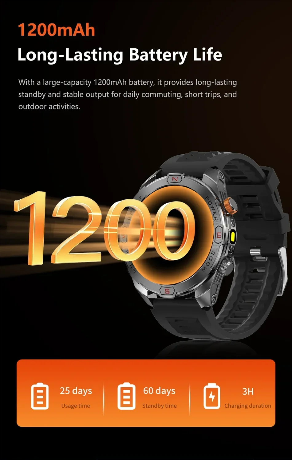 Reloj Inteligente Militar 1200mAh Brújula