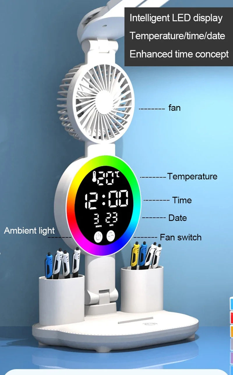 Lámpara de Mesa LED con Ventilador y Reloj Ajustable