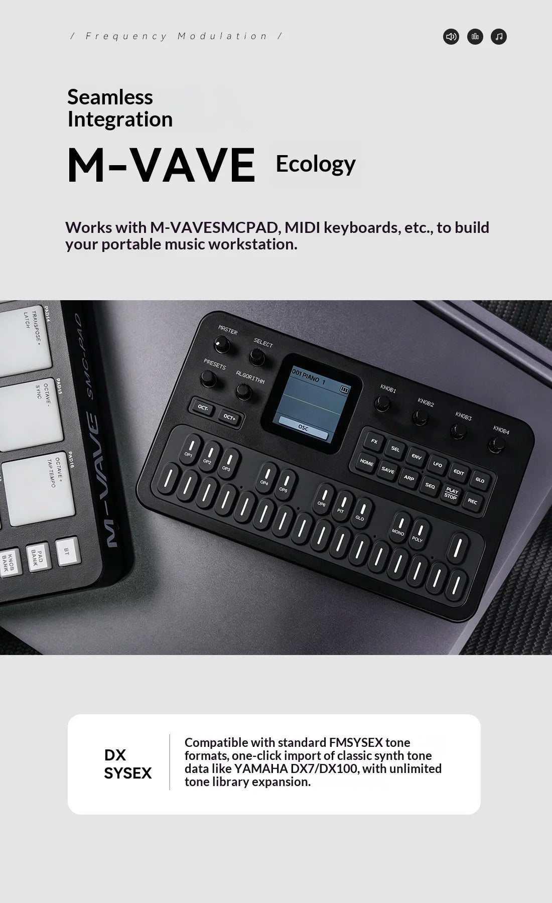 Sintetizador FM Portátil M-Vave FM-1, 6 Operadores, 32 Algoritmos, 128 Preajustes, Altavoz Integrado, Bluetooth, MIDI, Batería de 12h, Regalo Navideño