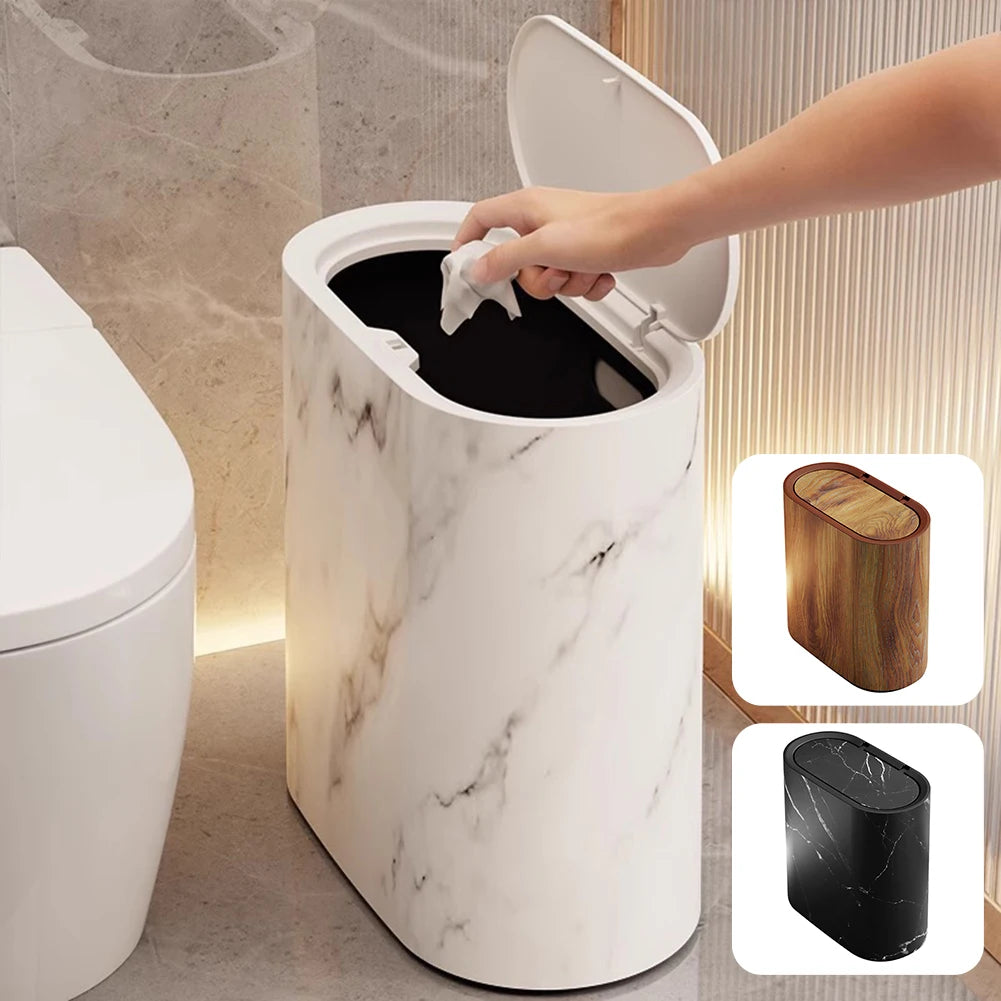 Cubo de basura delgado con tapa para baño y cocina, diseño mármol y madera
