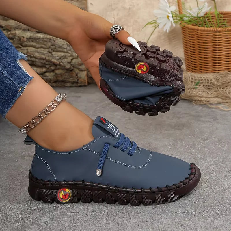 Zapatillas de deporte para Mujer, mocasines con cordones de cuero, planos, informales, cómodos, para mamá, para Mujer