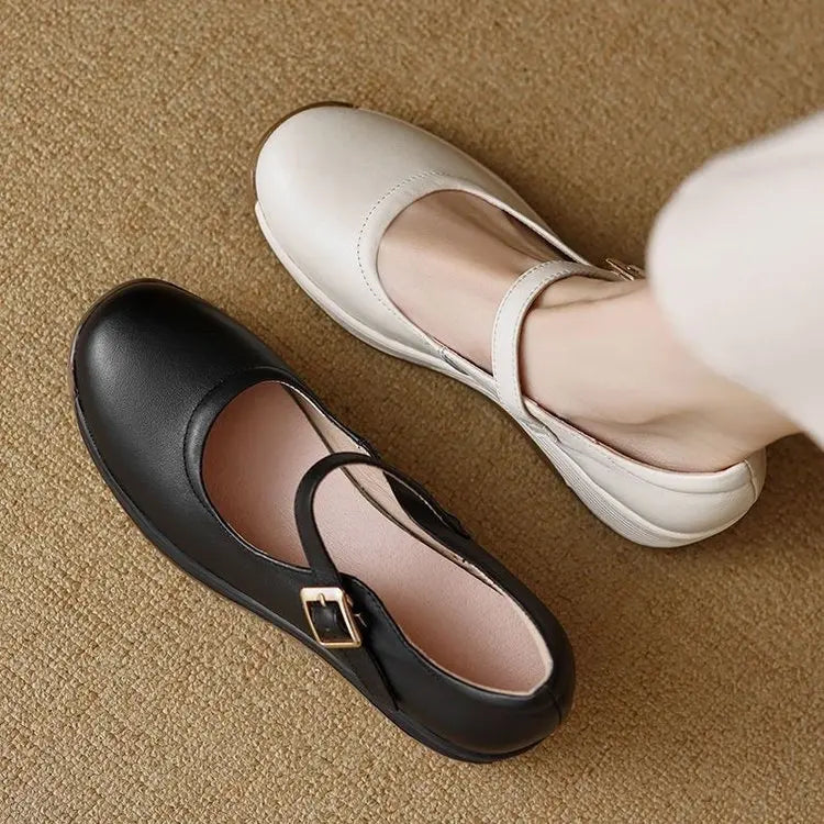 2026 Zapatos de mamá para mujer de primavera: zapatos de tacón poco profundos sin tirar de suela suave, plataforma gruesa de cuero informal con una hebilla, tacón de cuña