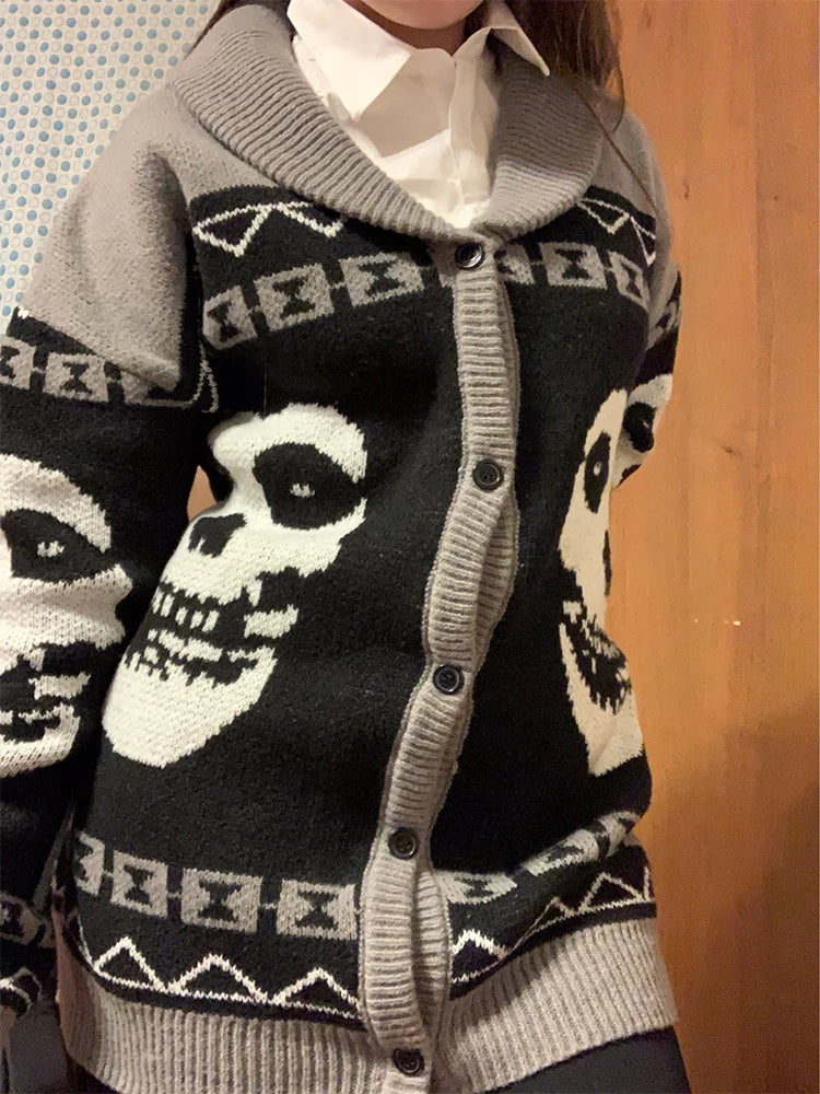 Otoño Invierno y2k retrato impreso Harajuku hombres suéter moda manga larga cálido gótico fantasma tejido cardigan pareja abrigo