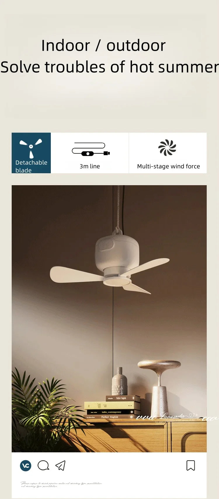 Ventilador de techo USB con 3 velocidades, ventilador de 3 metros con hoja desmontable, portátil, silencioso, refrigeración interior, exterior, tienda de campaña, Control de línea