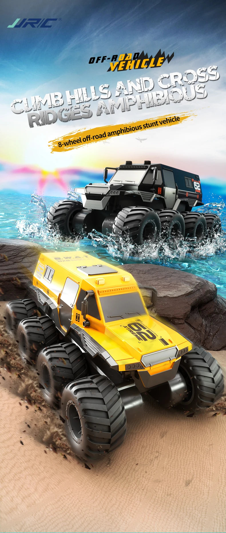    JJRC Q137 8x8 2,4G coche de Control remoto 8wd vehículo acrobático anfibio todoterreno camión de carreras de velocidad de 8 ruedas juguete sobre orugas impermeable