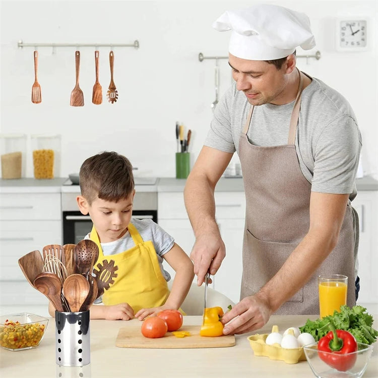 LMETJMA Paquete de 10 utensilios de cocina de madera de teca Natural, juego de utensilios de cocina con espátula y cucharas de madera para cocinar y hornear JT503