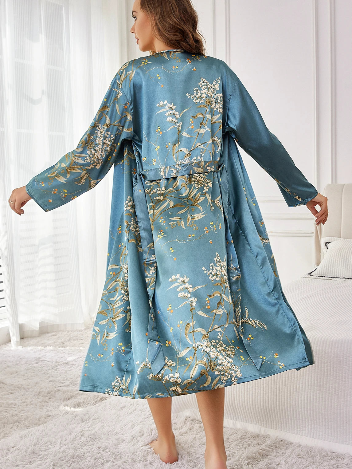 ‌   Conjunto de ropa de descanso floral de satén de seda, bata con cinturón, camisola, camisón, ropa de dormir elegante de dos piezas para todas las estaciones