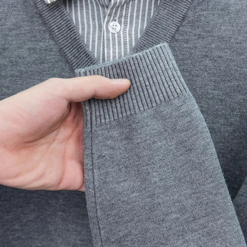 Suéter de punto con cuello de camisa para hombre, azul claro (6 colores), diseño falso de dos capas, estilo informal de negocios    Ajuste elástico y cómodo