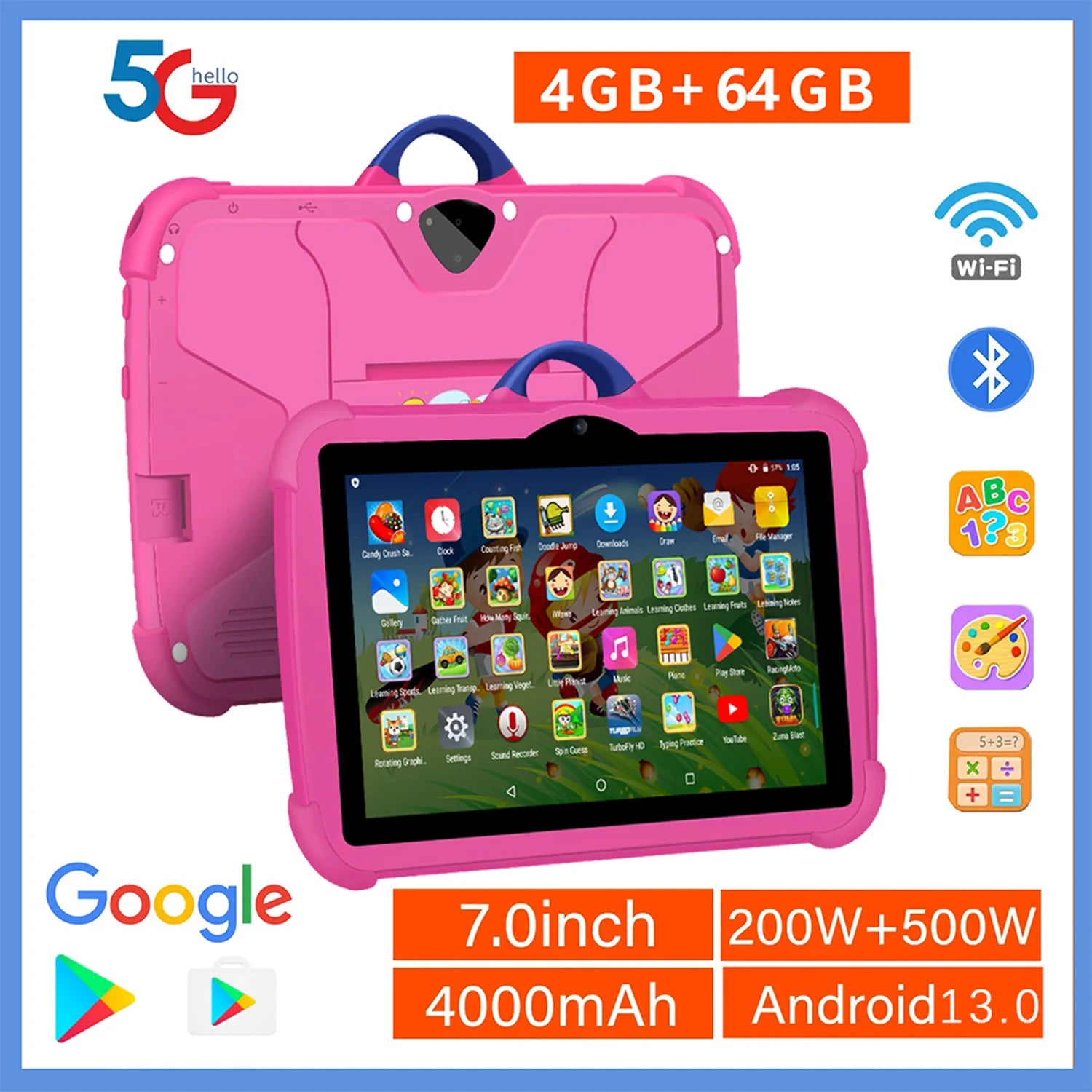 Tablet infantil de 7 pulgadas, Android 13, 5G WiFi, 4GB RAM y 64GB ROM