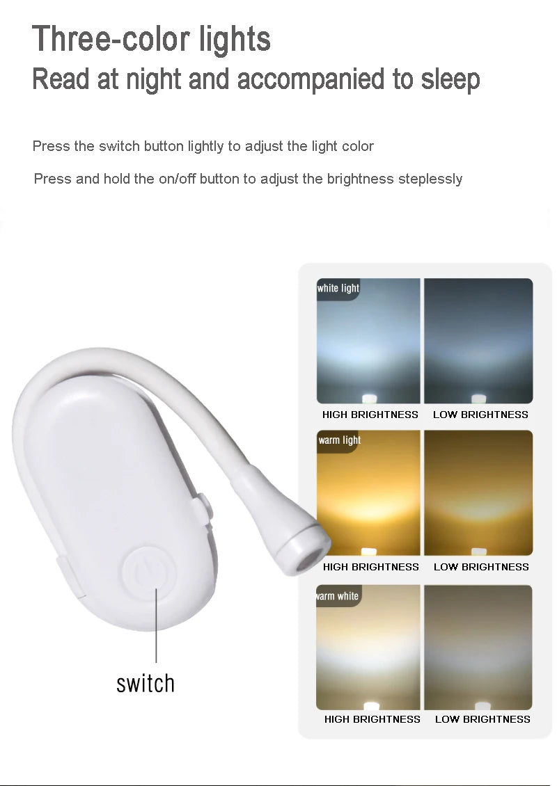 Lámpara LED portátil para libros, luz nocturna recargable por USB para protección ocular, Mini 360 ° Lámpara de lectura de escritorio con clip Luz nocturna de dormitorio de viaje