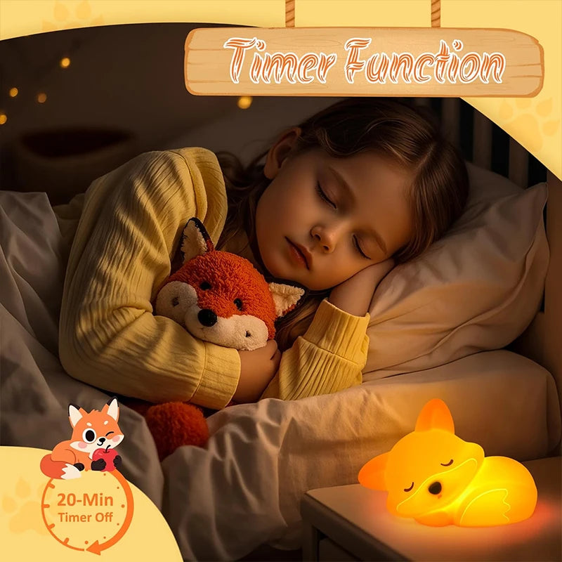 Luz nocturna de zorro, lindos regalos de luz nocturna de silicona para niños, luces de animales con control táctil, temporizador y recargable por USB