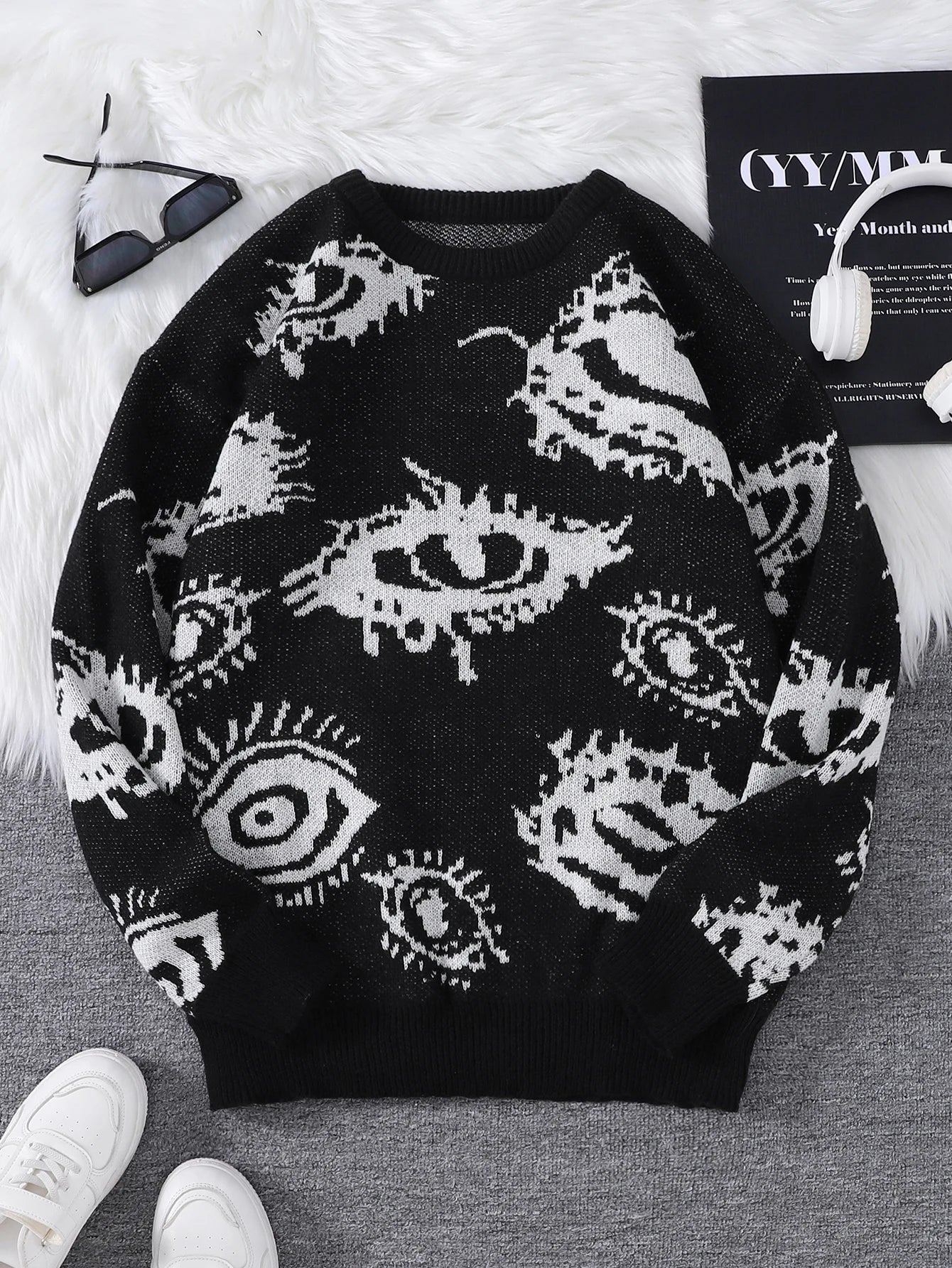Nuevo Jersey Popular de otoño e invierno con diseño de Jacquard de ojos abstractos, suéter informal de punto con cuello redondo para hombre