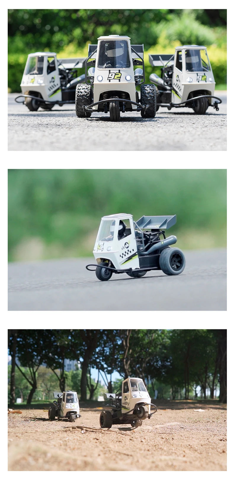 Moto RC de Tres Ruedas con Luces y Spray, Control 2.4G para Niños