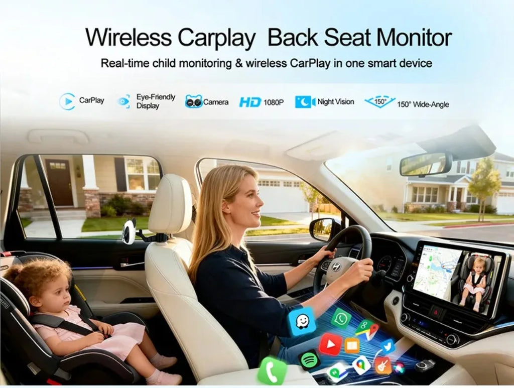 Adaptador Inalámbrico CarPlay Cabin Care, Cámara para Auto HD 1080P para Bebés, 150 °   Monitor de visión nocturna gran angular con pantalla dividida para el asiento trasero