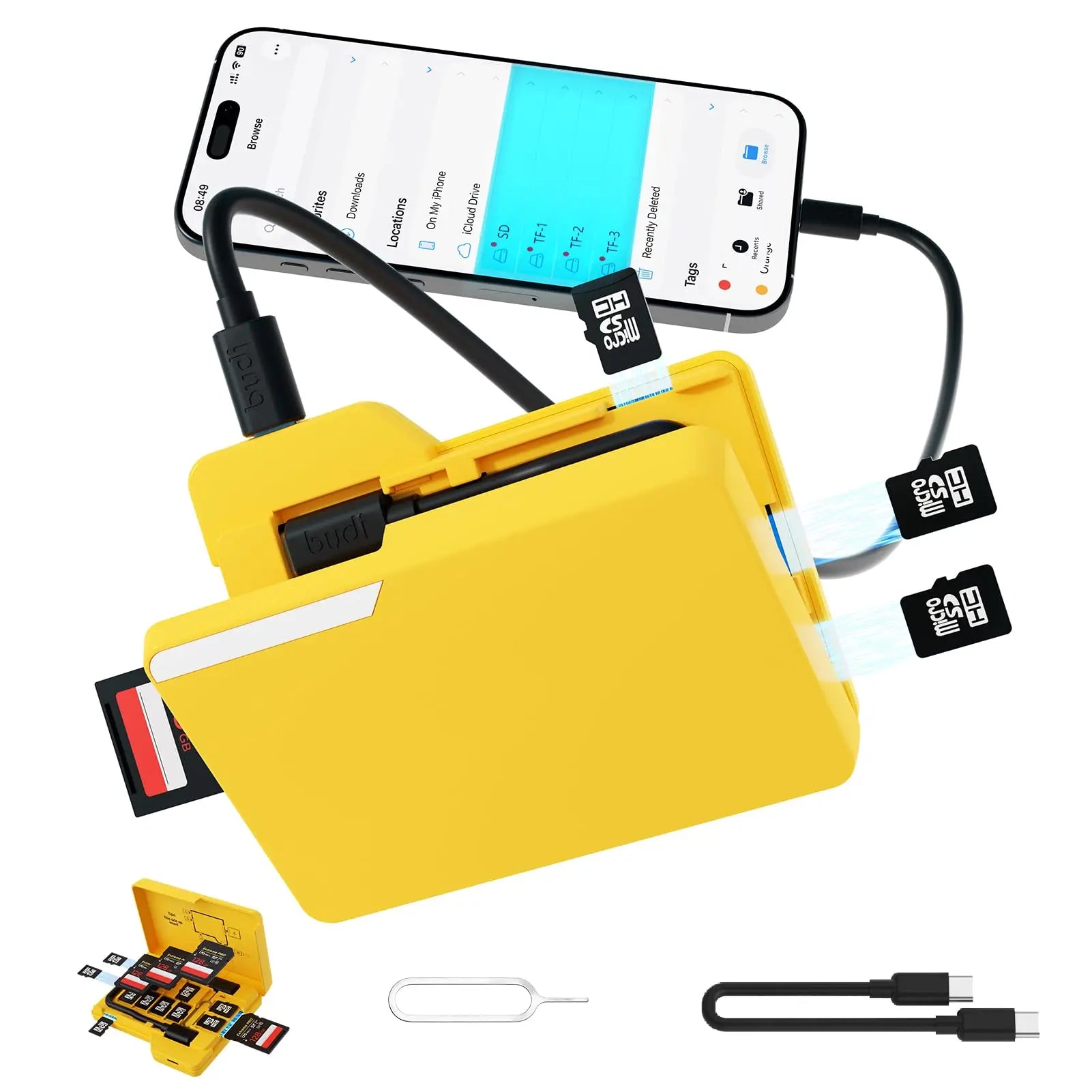 Lector de Tarjetas de Memoria SD BUDI, Lectura y Escritura Simultánea de 4 Tarjetas, con Estuche de Almacenamiento Tipo Carpeta de 15 Ranuras, Compatible con Tipo-C