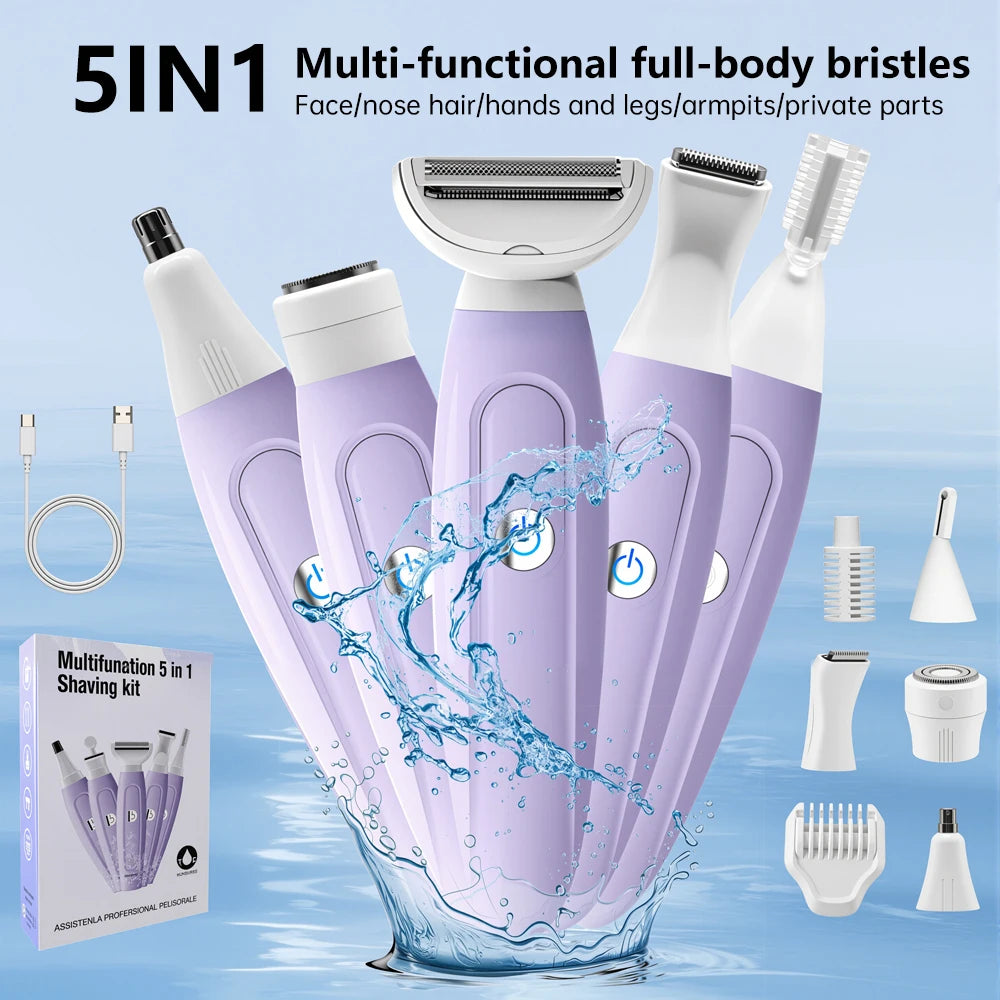 Maquinillas de afeitar eléctricas para mujer, depiladora corporal multifunción 5 en 1, Kit de afeitadora para cara, nariz, cejas, brazos, axilas y piernas