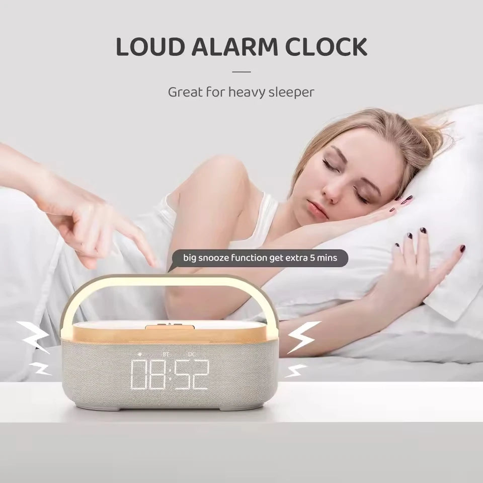 Altavoz Bluetooth portátil con carga inalámbrica, Radio FM, despertador, caja De sonido, música, cargador, lámpara, luz nocturna, Bocina