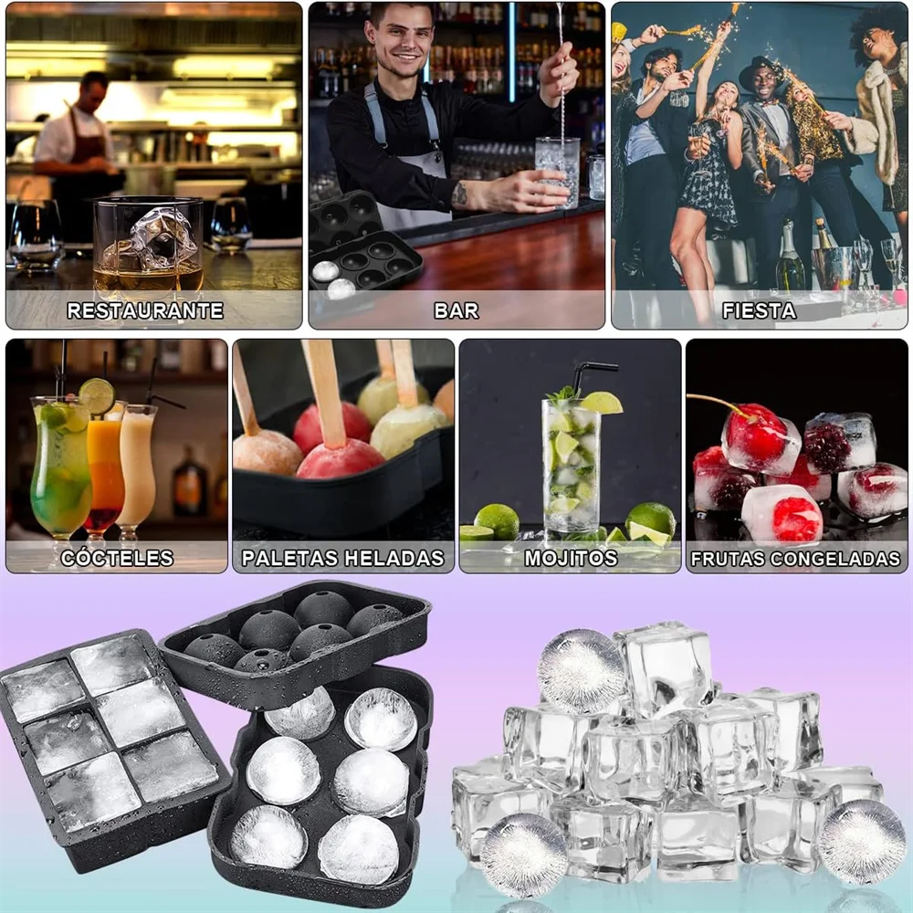 Moldes para hielo, moldes y bandejas para hielo de silicona, máquina para hacer hielo de gran tamaño en forma de esferas y cubos, perfecta para cócteles, whisky