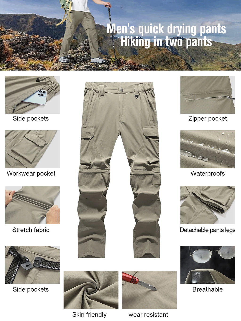 Pantalones Cargo Convertibles para Hombre, Senderismo Impermeable
