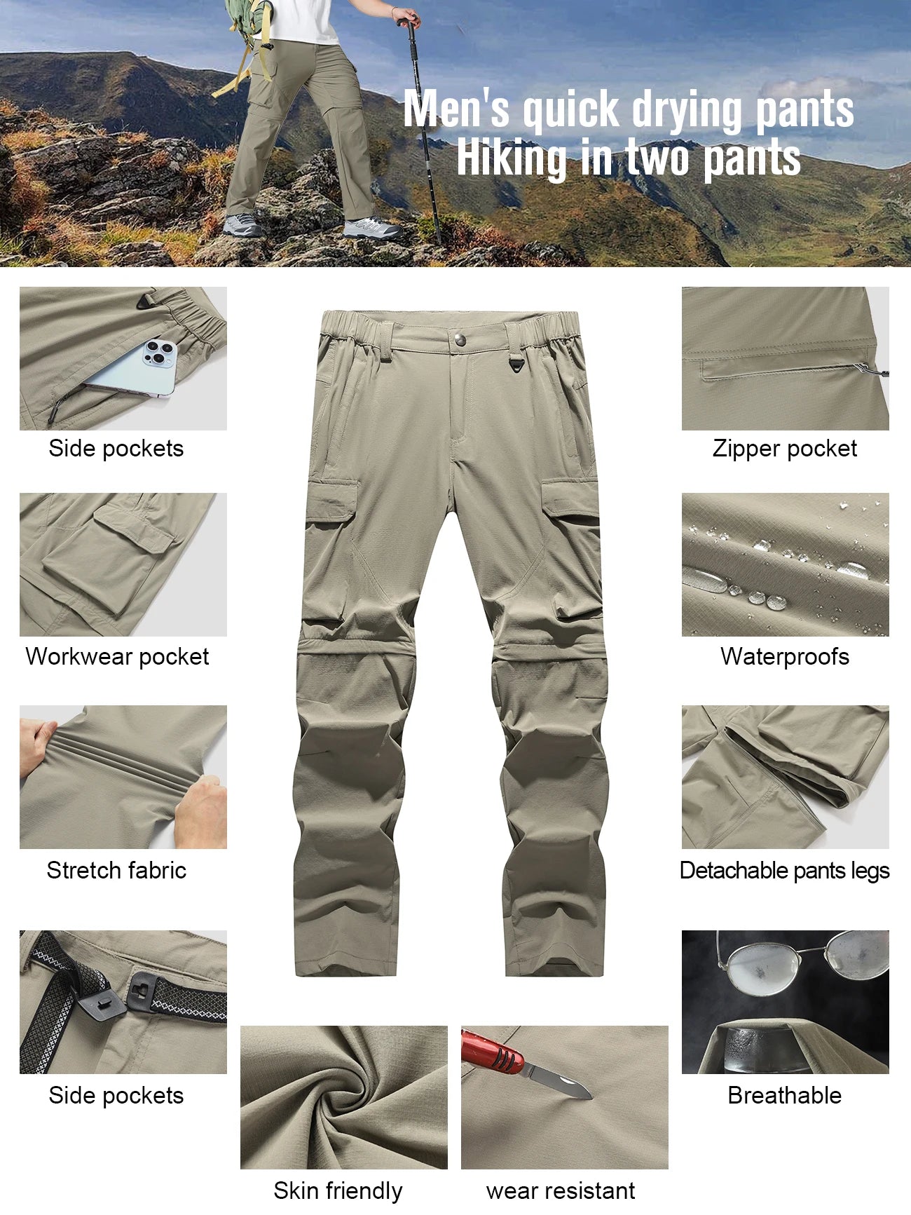 Pantalones Cargo Convertibles para Hombre, Senderismo Impermeable