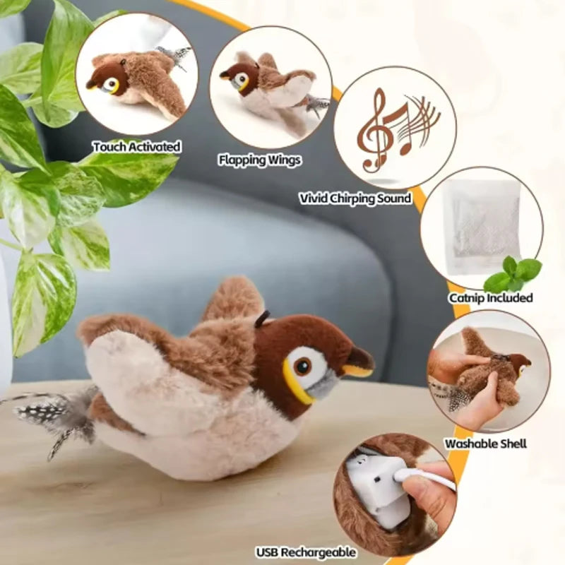 Juguete interactivo para gatos, pájaro batiente con hierba gatera, pájaro de simulación recargable, juguetes para gatos, juguetes de peluche esponjosos activados por tacto para gatos