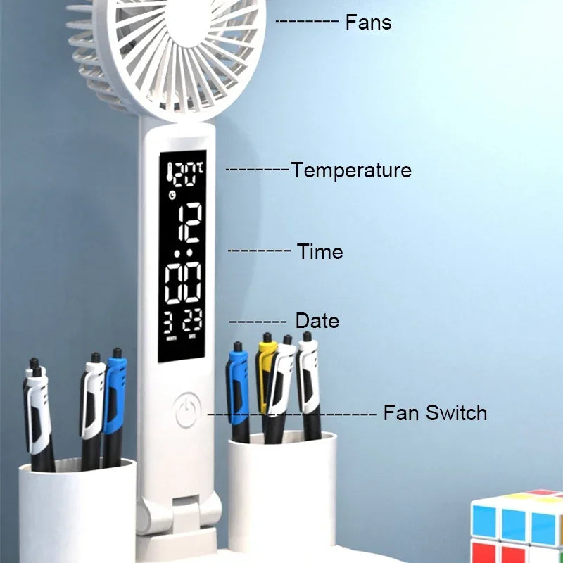 Lámpara de Mesa LED Multifunción con Ventilador, Reloj y Carga USB