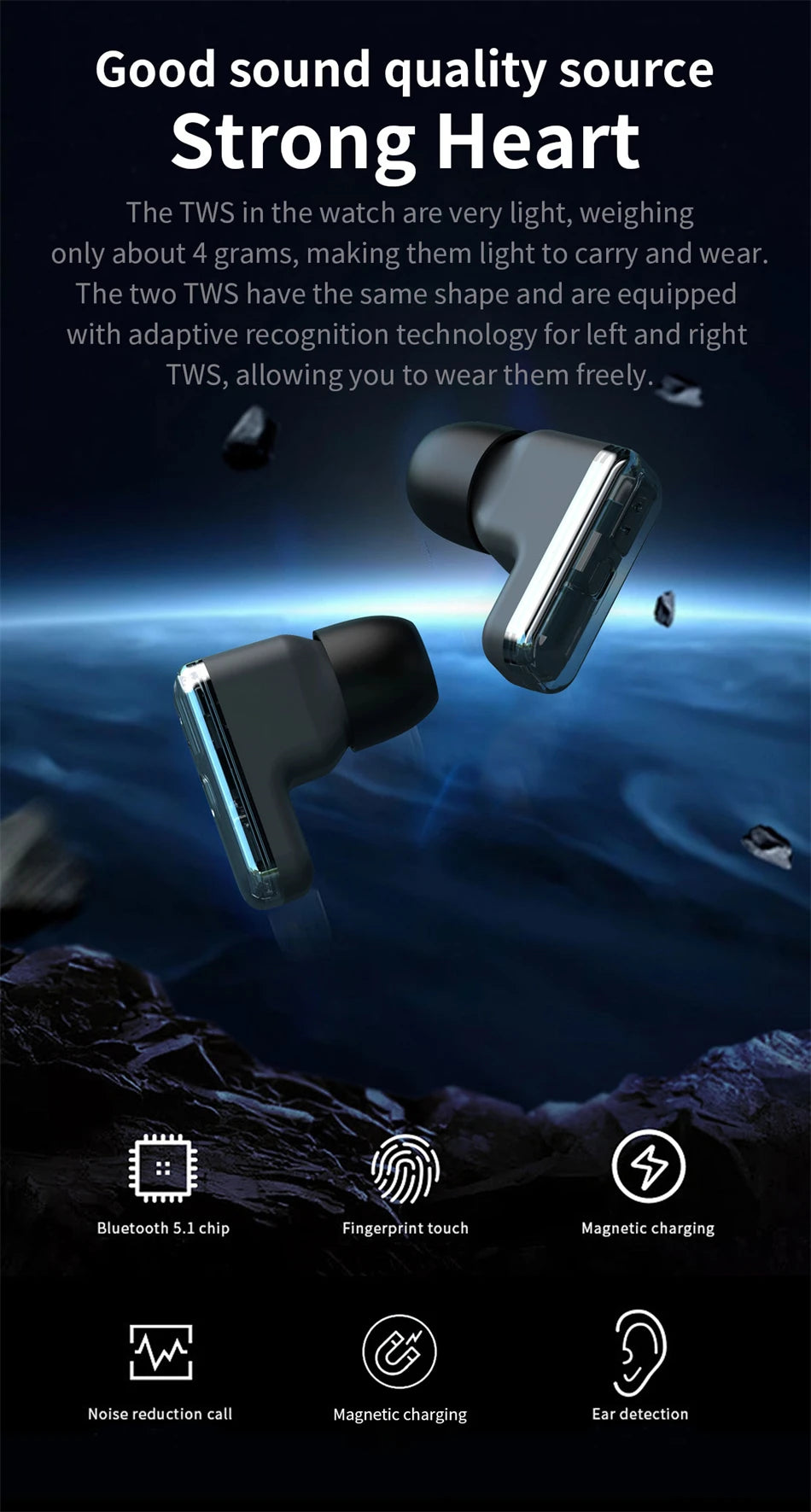 Smartwatch LIGE TWS 2 en 1 con auriculares Bluetooth y monitor cardíaco