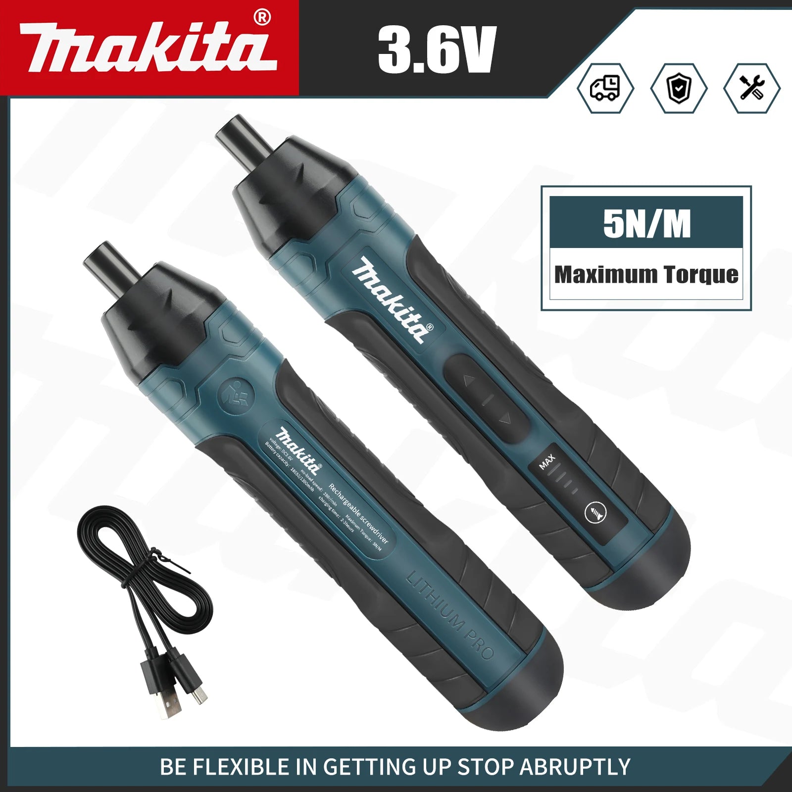 Destornillador Eléctrico Inalámbrico Makita |   3.6V 5N.m Torque |   Portabrocas de 1/4 de pulgada |   Batería de iones de litio de 1300 mAh. HT422