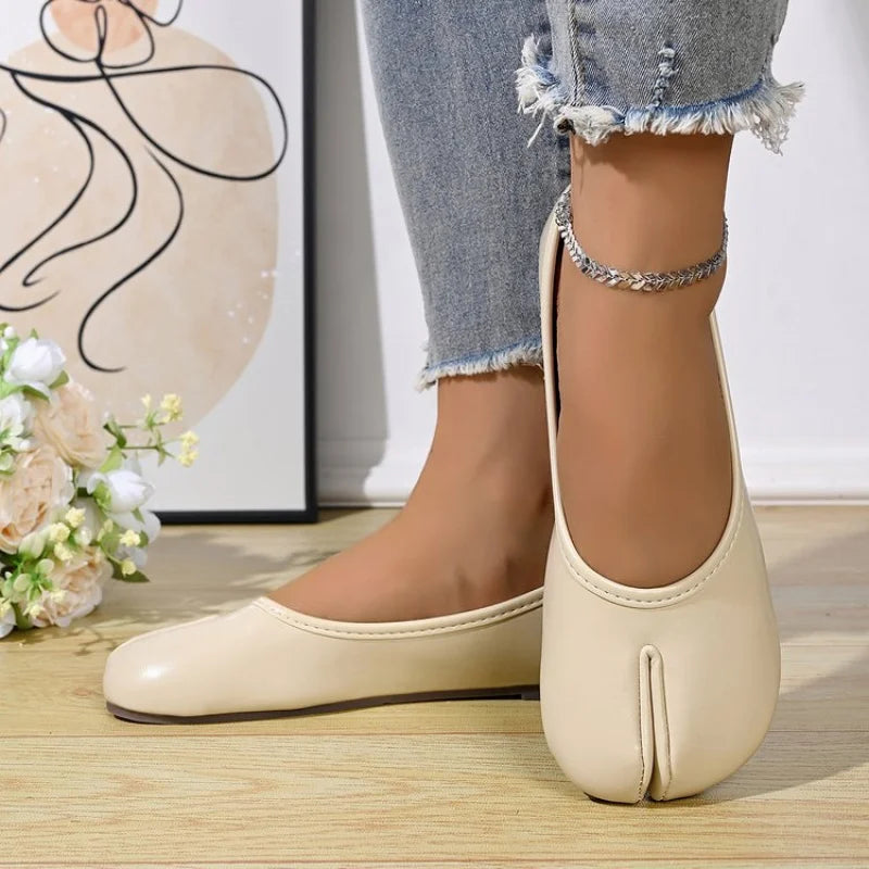 Zapatos Planos Mujer Punta Dividida Cuero PU, Sin Cordones, Comodidad