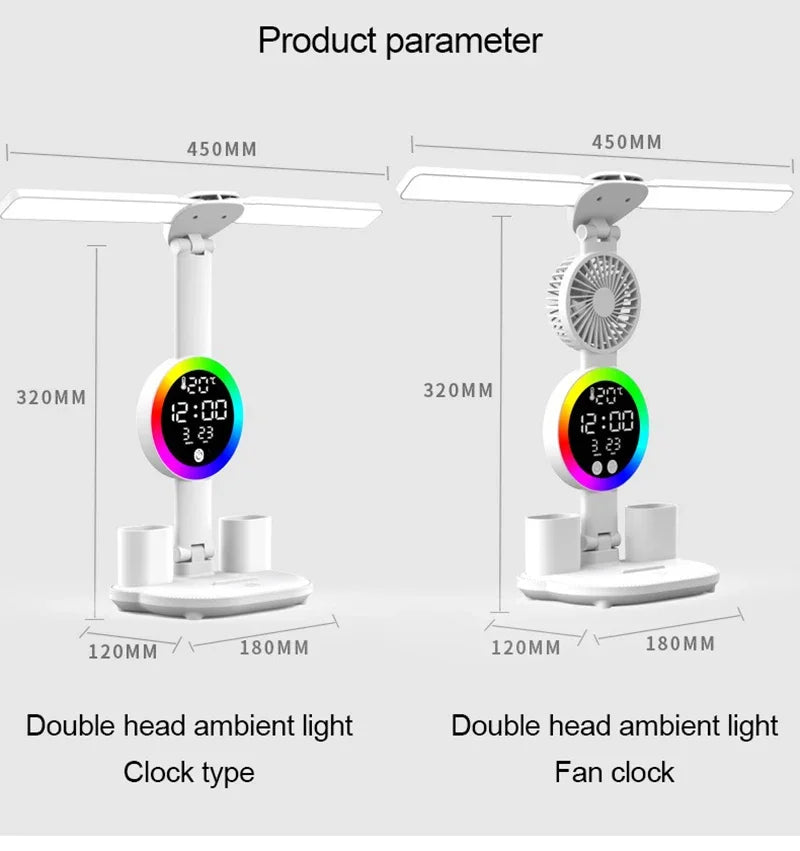 Lámpara de mesa Led para estudio, lámpara de escritorio, luz de lectura, luz nocturna Led con ventilador, reloj Led, pantalla, luz de escritorio de lectura