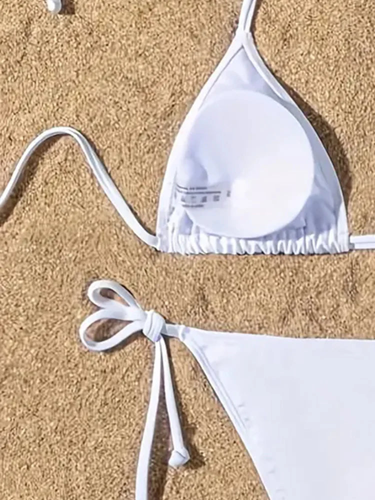 1 traje de baño para mujer, conjunto de Bikini acanalado con almohadillas y espalda descubierta, sujetador triangular con cuello Halter, Tanga con lazo lateral, ropa de playa, traje de baño para mujer