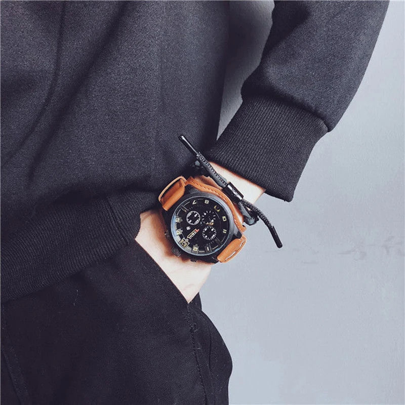 Relojes YIKAZE Retro para hombre, reloj clásico de cuarzo de lujo para negocios, reloj de pulsera militar con fecha y correa de cuero con esfera grande a la moda para hombre