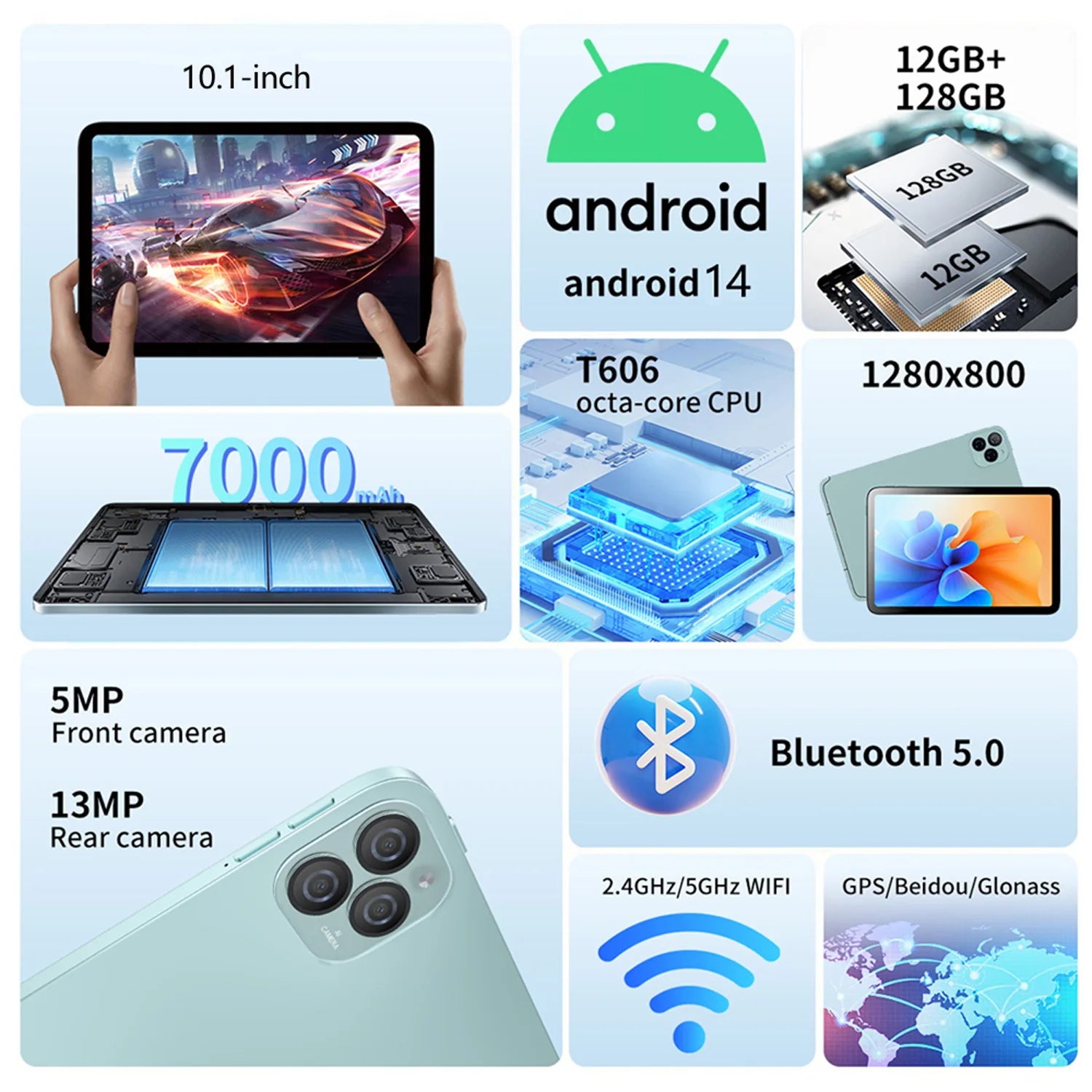 Tablet Android de 10.1 Pulgadas, 12GB+128GB, Octa-Core, 7000mAh, Android 14, Google Play, Llamadas Telefónicas 4G LTE, WiFi 5G, Versión Global