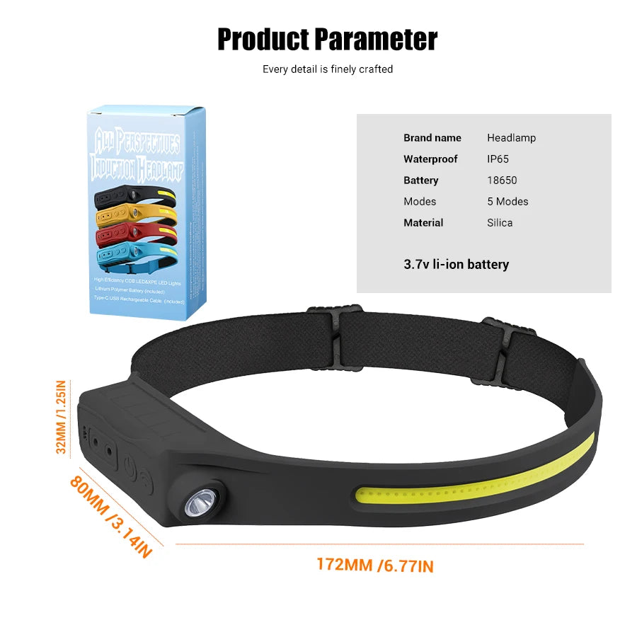 Linterna Frontal LED XPE+COB Recargable USB con Sensor Táctil