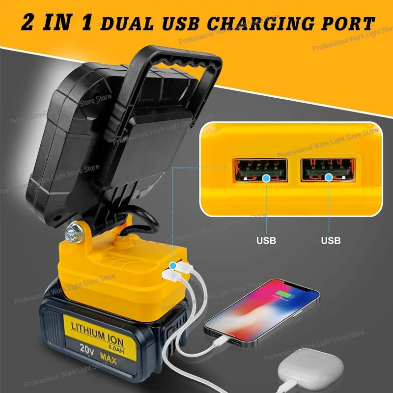 Lámpara de Trabajo LED 60W para Batería DeWalt 20V con carga USB