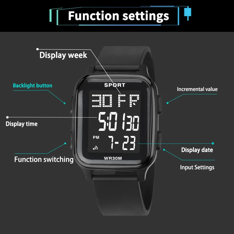 Reloj deportivo YIKAZE para hombre, reloj electrónico multifunción resistente al agua, reloj de pulsera Digital LED ultrafino para hombre y estudiante