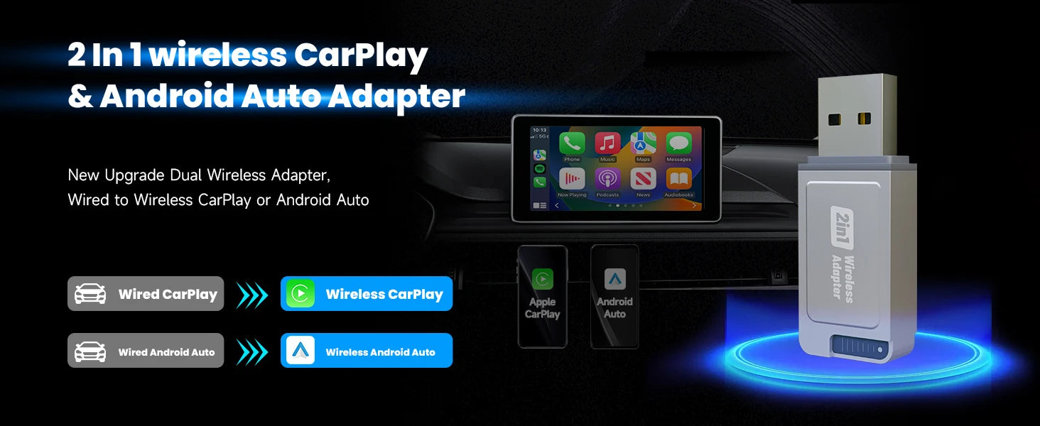 Actualización 2025: adaptador inalámbrico CarPlay, enchufe y enchufe, conexión automática, sin retraso, convierte cable a inalámbrico, Compatible con iPhone y Android