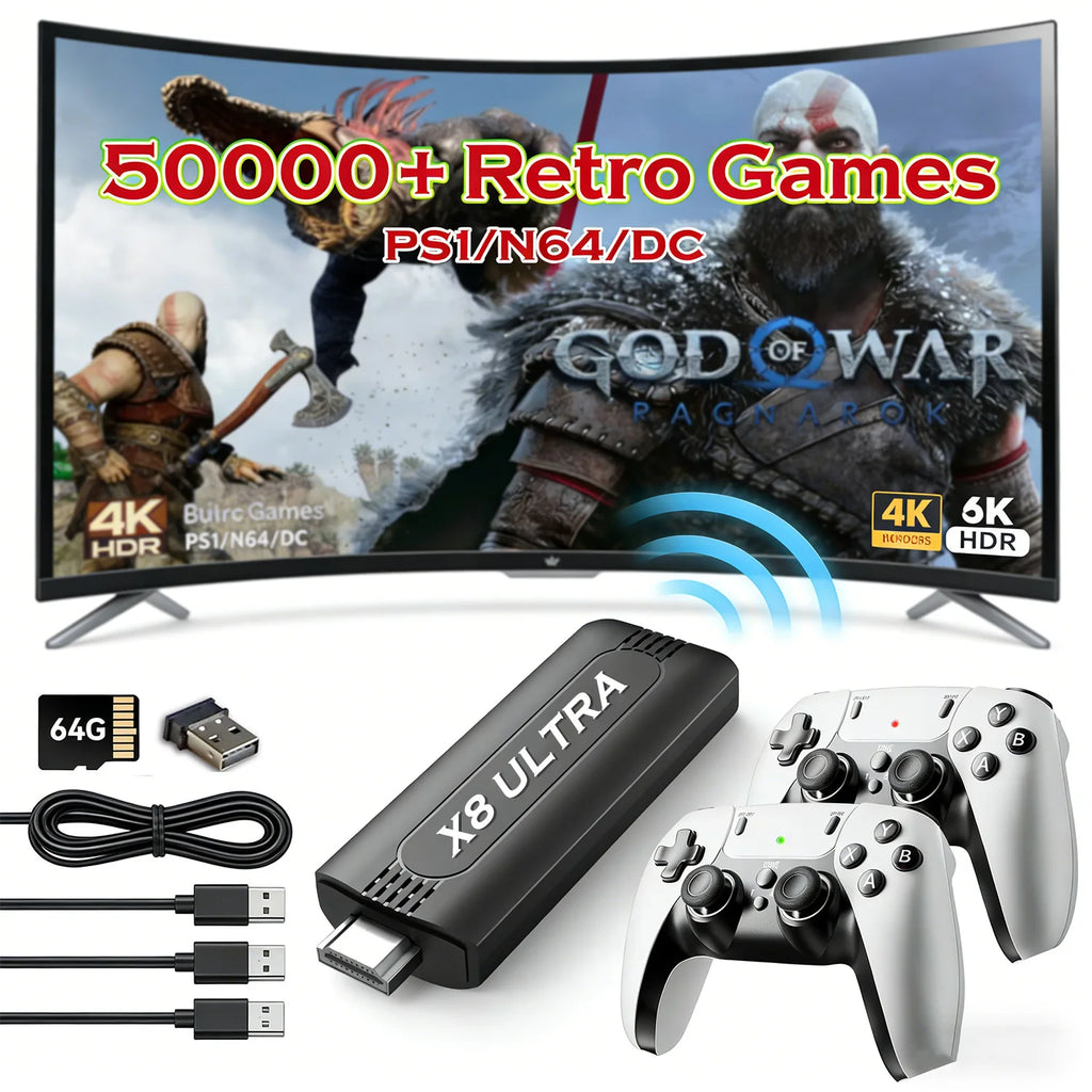 Consola de Videojuegos Retro 4K HD de 128 GB con 50000 Juegos, Control Inalámbrico, 45 Emuladores Integrados, Plug & Play, Mando de Juego para TV