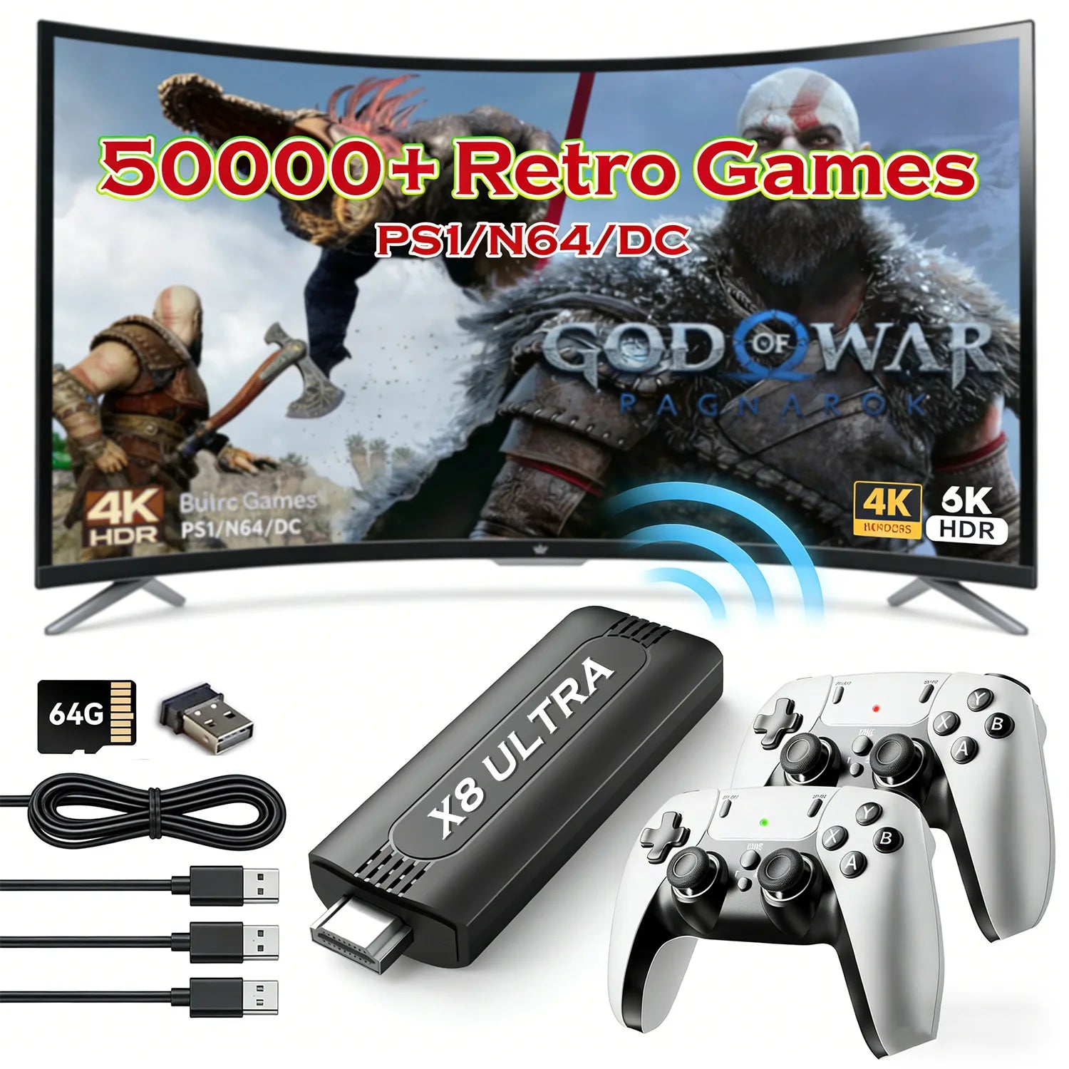 Consola de Videojuegos Retro 4K HD de 128 GB con 50000 Juegos, Control Inalámbrico, 45 Emuladores Integrados, Plug & Play, Mando de Juego para TV