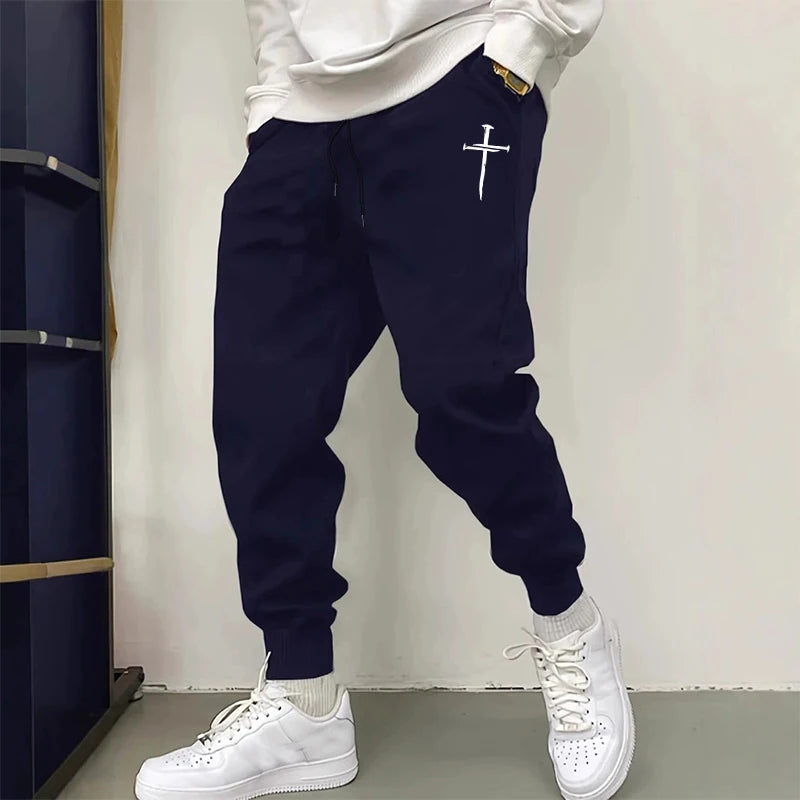¡Novedad de 2025! Pantalones de chándal para hombre, pantalones deportivos informales de alta calidad para otoño e invierno, pantalones para correr para gimnasio, pantalones con estampado cruzado para hombre