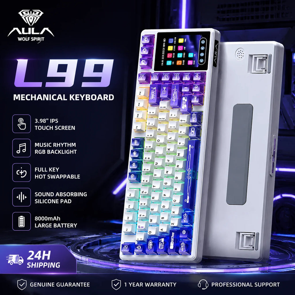 Teclado Mecánico AULA L99 con Pantalla Inteligente, Inalámbrico Bluetooth, Estructura Gasket, Teclado para Juegos con Iluminación RGB y Visión Nocturna