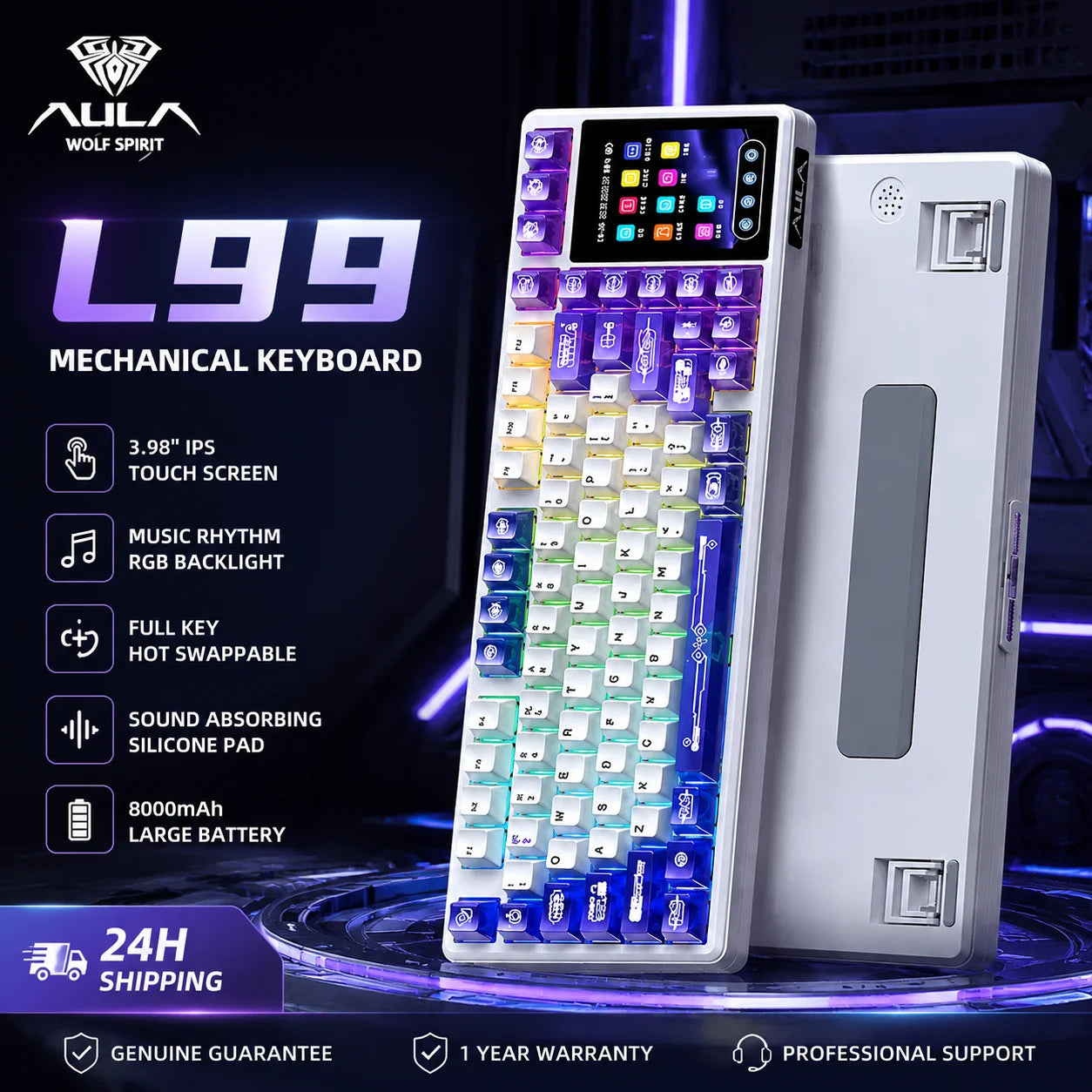 Teclado Mecánico AULA L99 con Pantalla Inteligente, Inalámbrico Bluetooth, Estructura Gasket, Teclado para Juegos con Iluminación RGB y Visión Nocturna