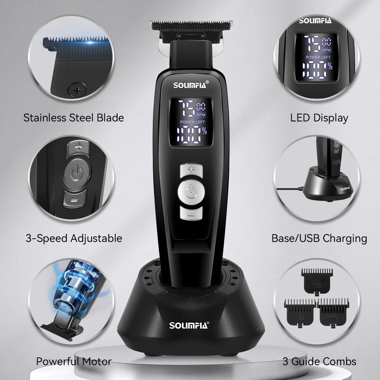    Cortadora de Pelo Profesional para Hombre, 3 Velocidades, Recargable, con Pantalla LED, Kit de Corte de Pelo para Barba y Peinado
