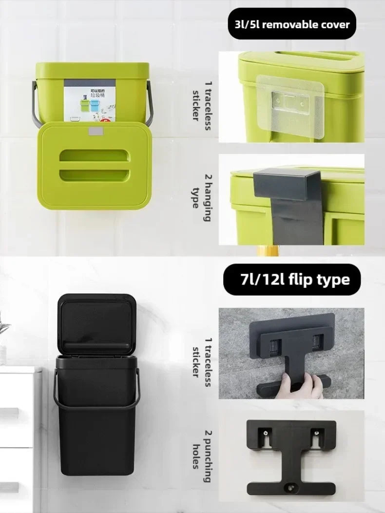 Cubo de basura colgante con tapa silenciosa de 3L a 12L para cocina y baño